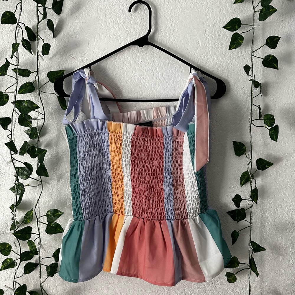 Shein ivory smocked tie strap peplum top